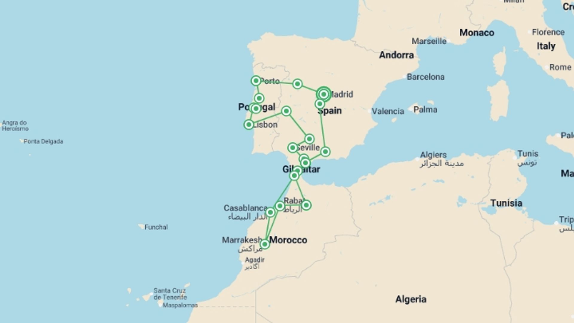 A map showing the tour itinerary for the trip: Wonders of Portugal Spain and Morocco, starting in Madrid, Spain and ending in Madrid, Spain going through 10 other destinations.