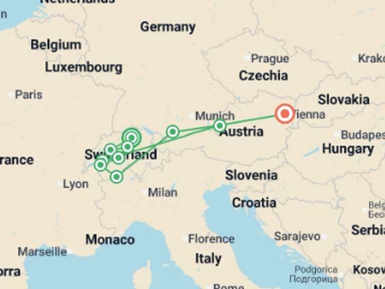 Map of Europe Tour with 8 destination visits for the trip: Wonders of Switzerland & Austria