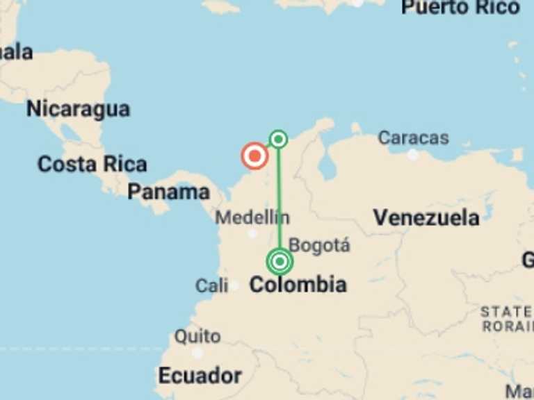 Map itinerary of Bogota Tour in October 2025 with 4 destination visits for the trip: Colombia's Lost City Trek