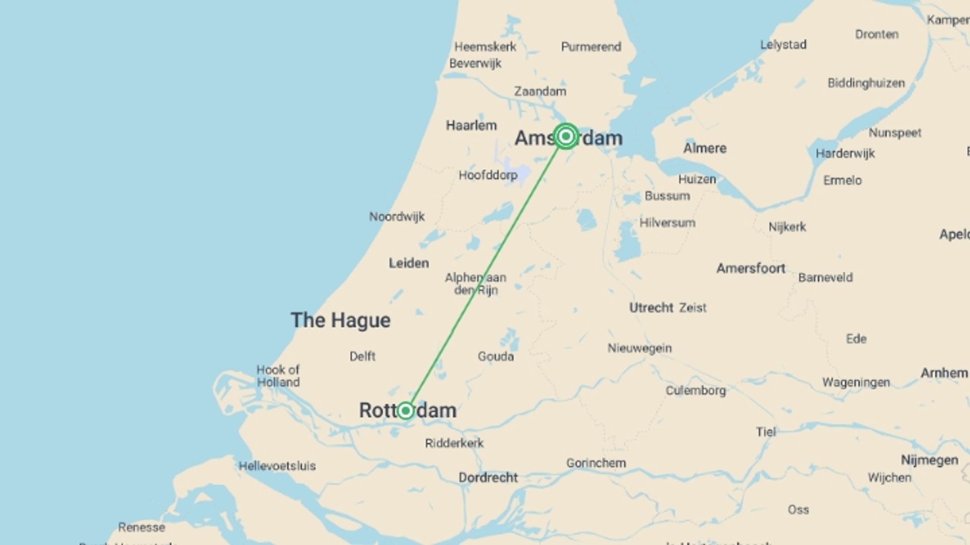 A map showing the tour itinerary for the trip: The Best of The Netherlands (port-to-port cruise), starting in Amsterdam, Holland and ending in Amsterdam, Holland going through 1 other destinations.