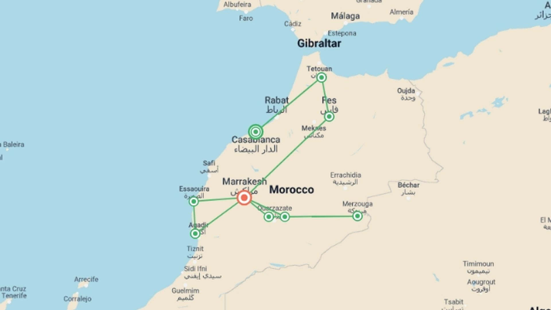 A map showing the tour itinerary for the trip: Morocco Adventure: Culture & Colour, starting in Casablanca, Morocco and ending in Marrakech, Morocco going through 7 other destinations.