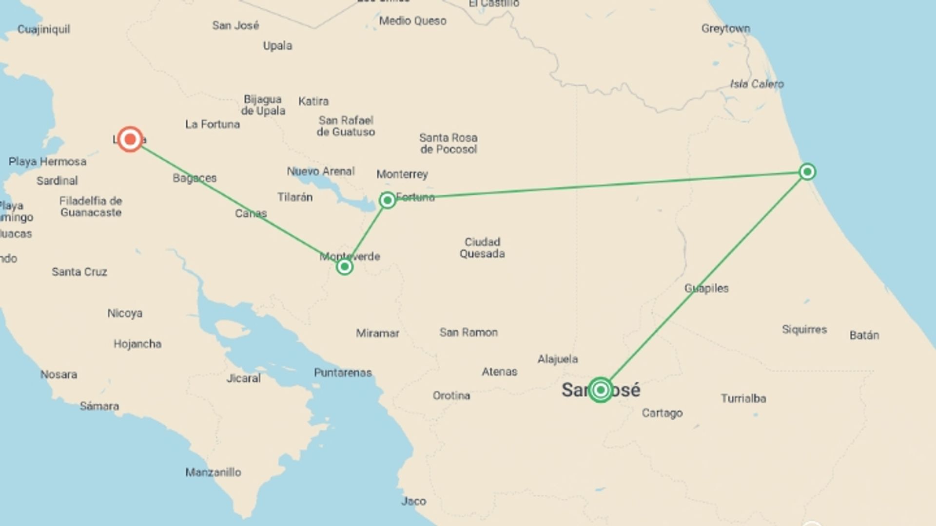 A map showing the tour itinerary for the trip: Costa Rica Nature Adventure, starting in San Jose, Costa Rica and ending in Liberia City, Costa Rica going through 5 other destinations.