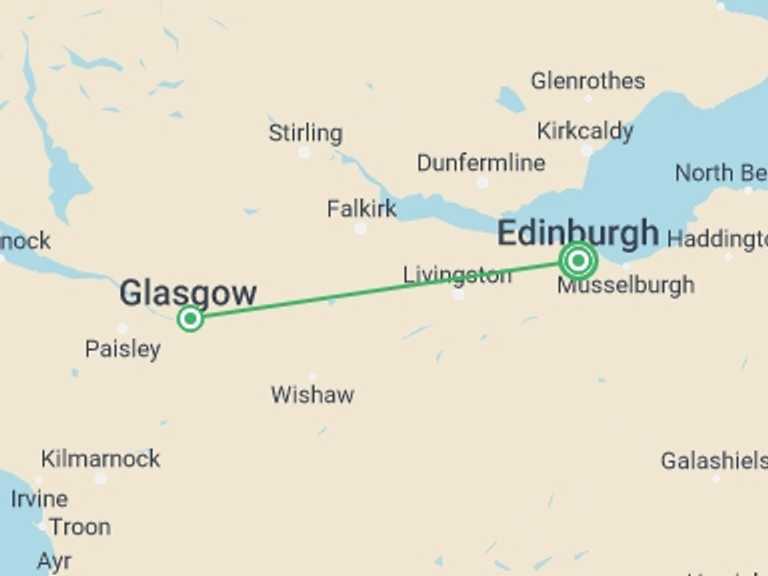 Map of Glasgow Explorer Tour with 2 destination visits for the trip: Edinburgh and Glasgow by Rail