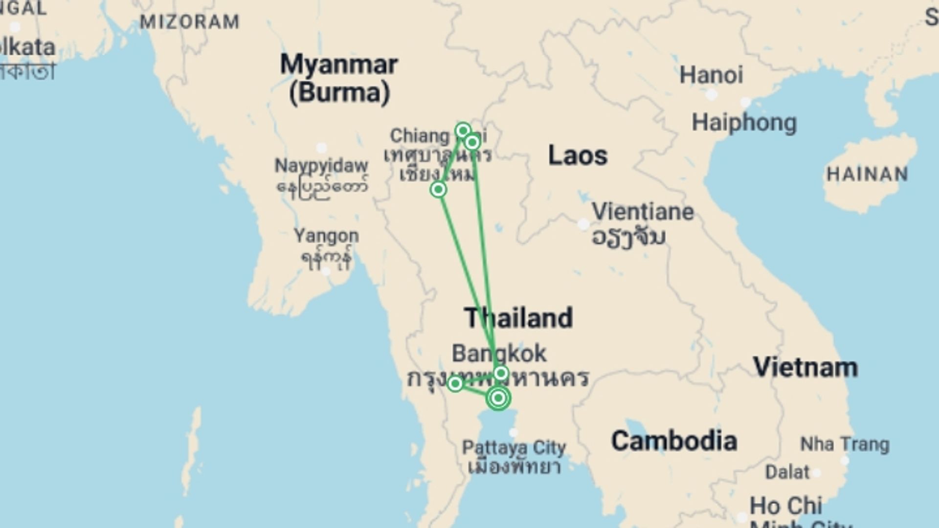 A map showing the tour itinerary for the trip: Beautiful Northern Thailand, starting in Bangkok, Thailand and ending in Bangkok, Thailand going through 6 other destinations.