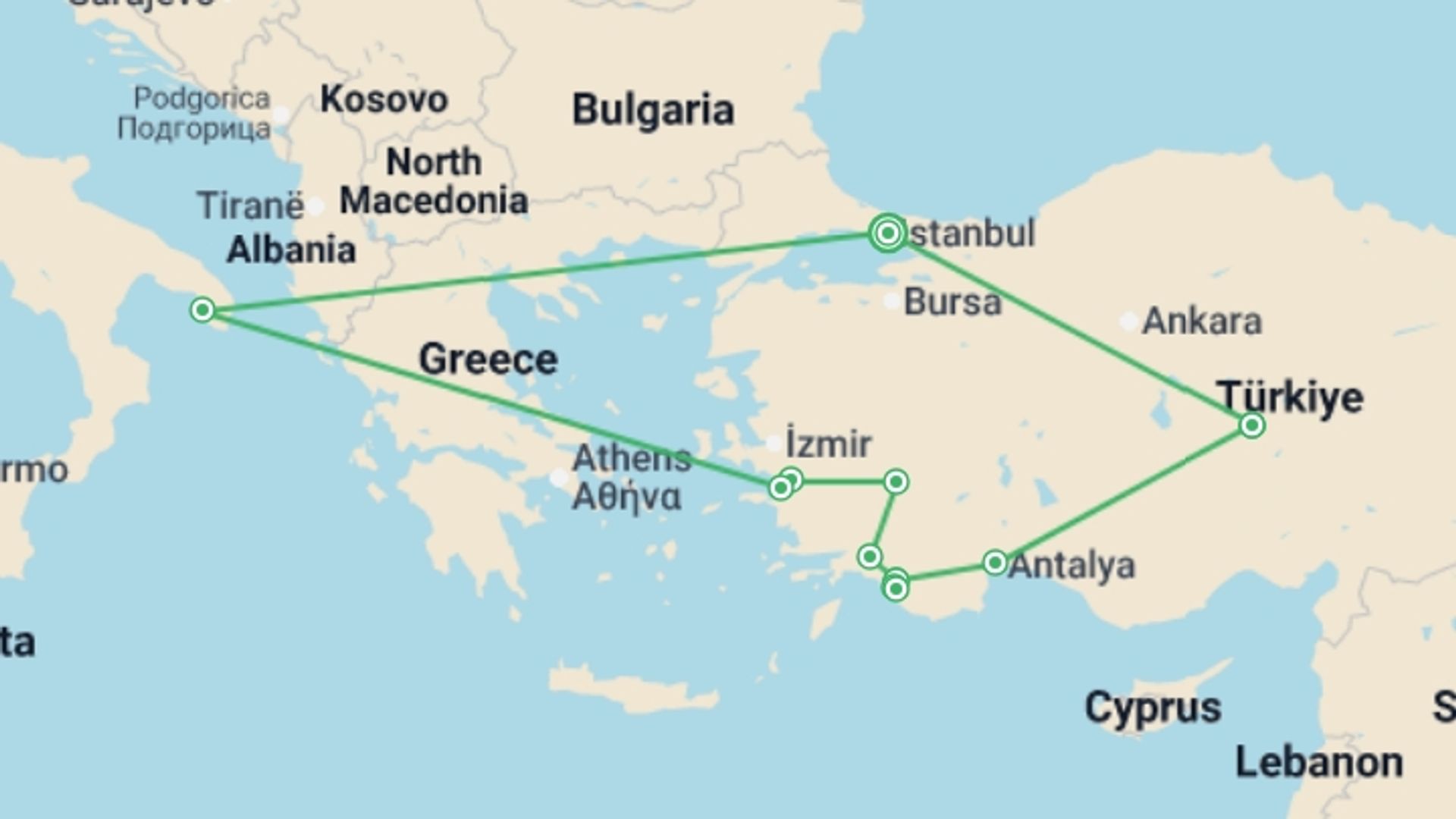A map showing the tour itinerary for the trip: Turkey Explorer - 11 days, starting in Istanbul, Turkey and ending in Istanbul, Turkey going through 7 other destinations.