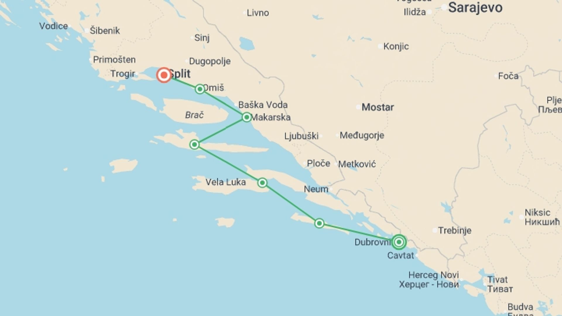 A map showing the tour itinerary for the trip: Croatia Sailing Adventure 8D/7N (Dubrovnik to Split), starting in Dubrovnik, Croatia and ending in Split, Croatia going through 5 other destinations.