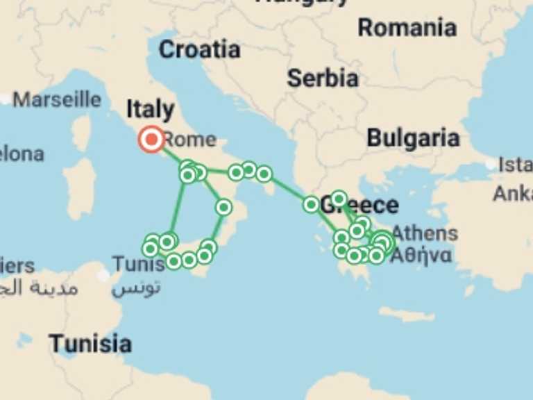 Map itinerary of Naples Tour in February 2026 with 11 destination visits for the trip: Complete Greece and Sicily