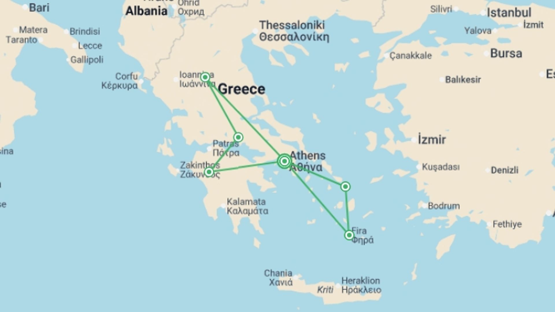 A map showing the tour itinerary for the trip: Best Of Greece | 11 Days, starting in Athens, Greece and ending in Athens, Greece going through 5 other destinations.