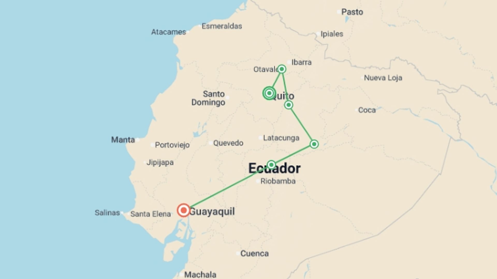 A map showing the tour itinerary for the trip: Picturesque Solo Ecuador Tour, starting in Quito, Ecuador and ending in Guayaquil, Ecuador going through 5 other destinations.