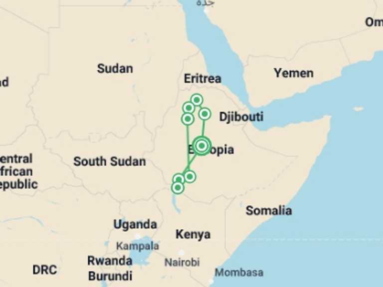 Map of a Festivals and events Tour with 8 destination visits for the trip: Wonders of Ethiopia