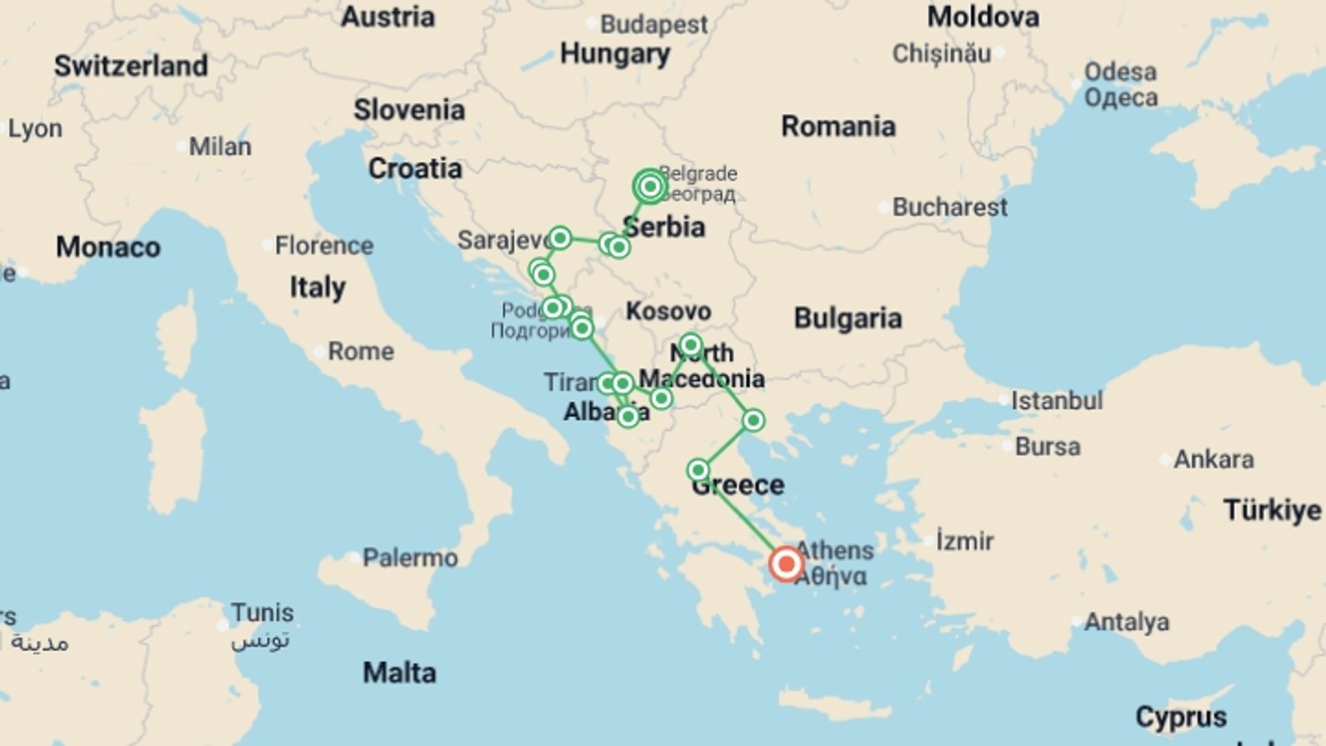 A map showing the tour itinerary for the trip: Serbia to Greece - 16 days, starting in Belgrade, Serbia and ending in Athens, Greece going through 7 other destinations.