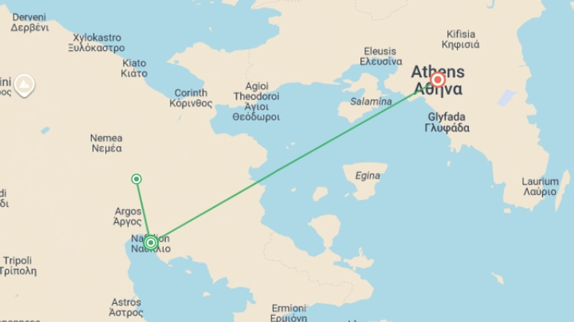 A map showing the tour itinerary for the trip: 2-day Escape To Nafplio From Athens, starting in Nafplion, Greece and ending in Athens, Greece going through 0 other destinations.