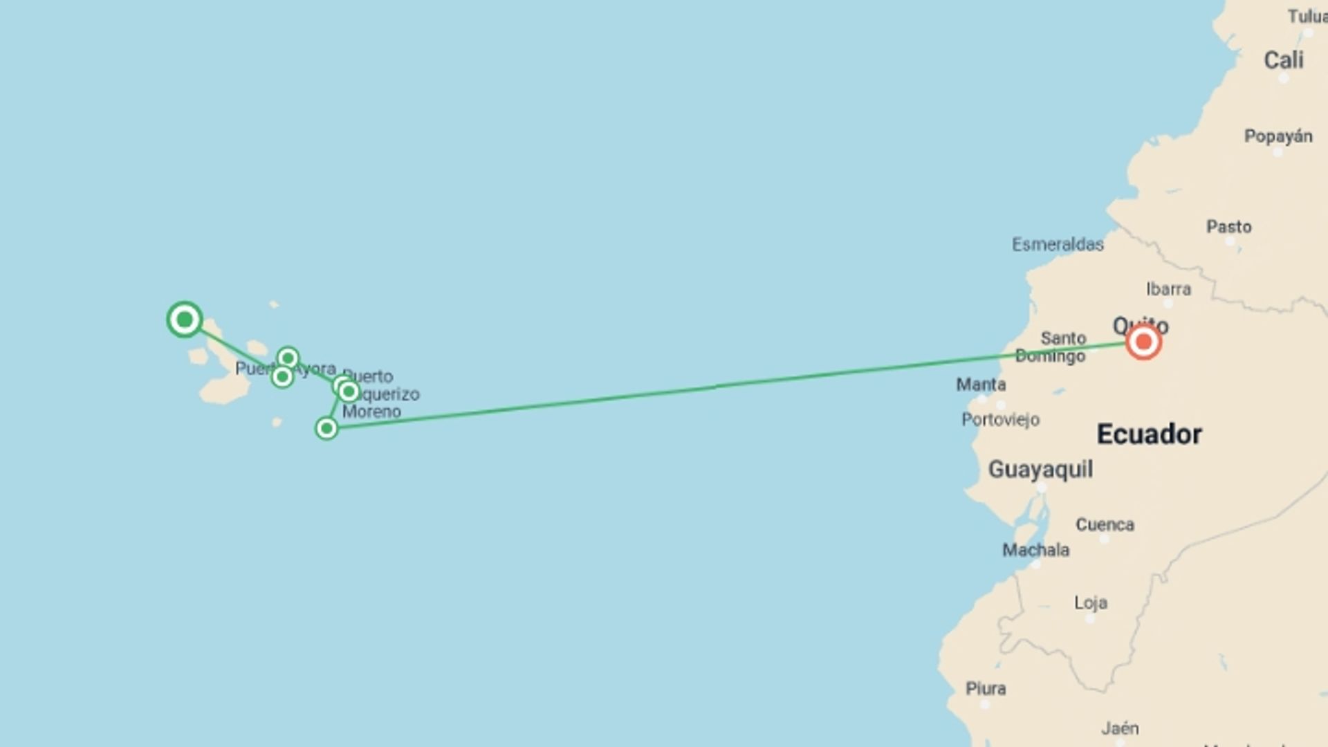 A map showing the tour itinerary for the trip: South Galapagos Island Hopping, starting in Galapagos Islands, Ecuador and ending in Quito, Ecuador going through 6 other destinations.