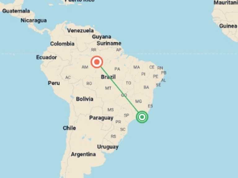 Map itinerary of South America Tour in July 2026 with 2 destination visits for the trip: 9 Days in Rio de Janeiro and Manaus