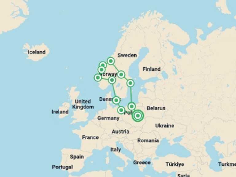 Map itinerary of Europe Tour in June 2026 with 12 destination visits for the trip: Fabulous Poland and Fjords ROT