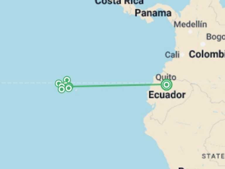 Map itinerary of Quito Tour in September 2025 with 8 destination visits for the trip: Ultimate Galapagos: Central Islands (Grand Daphne)