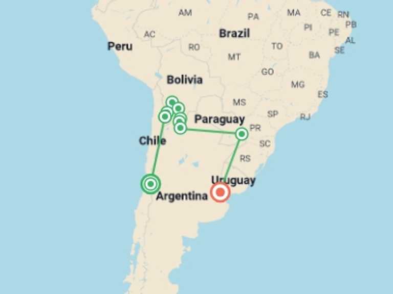 Map of Santiago Explorer Tour with 10 destination visits for the trip: Andean Discovery - 18 days