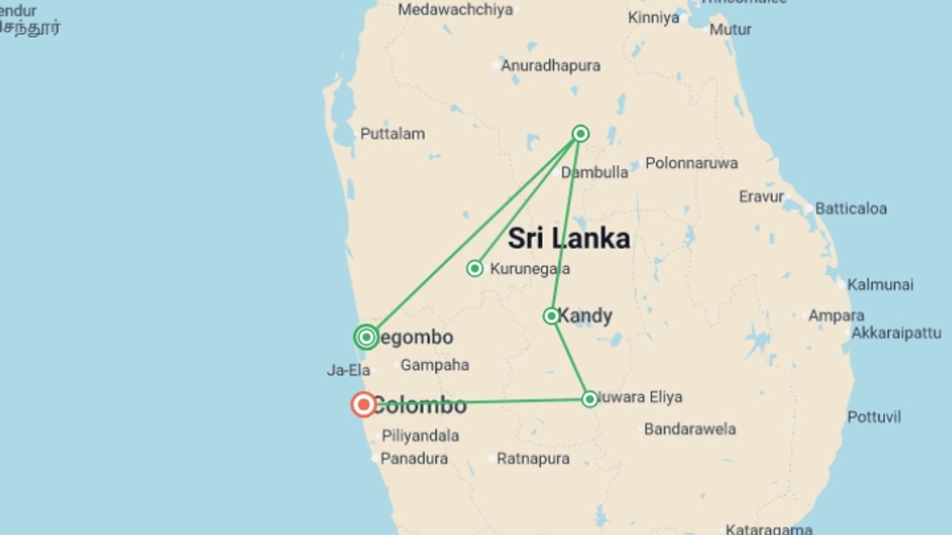 A map showing the tour itinerary for the trip: Premium Sri Lanka, starting in Negombo, Sri Lanka and ending in Colombo, Sri Lanka going through 4 other destinations.