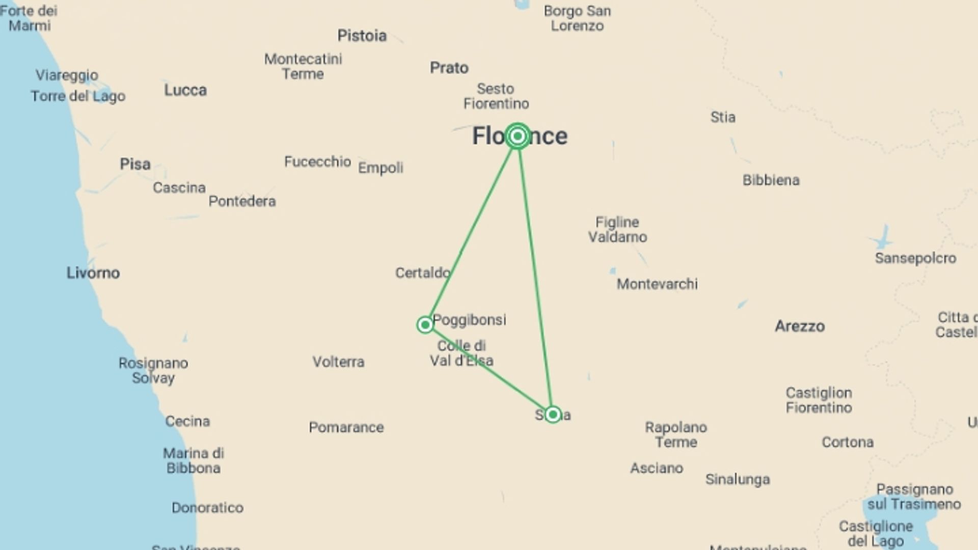 A map showing the tour itinerary for the trip: Florence, San Gimignano & Siena - 4 days, starting in Florence, Italy and ending in Florence, Italy going through 0 other destinations.