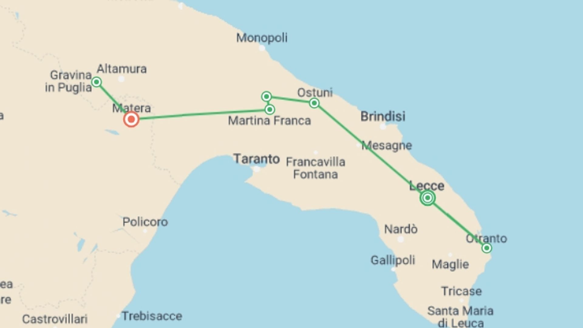 A map showing the tour itinerary for the trip: Self Guided Walking in Puglia: From Lecce to Matera, starting in Lecce, Italy and ending in Matera, Italy going through 5 other destinations.