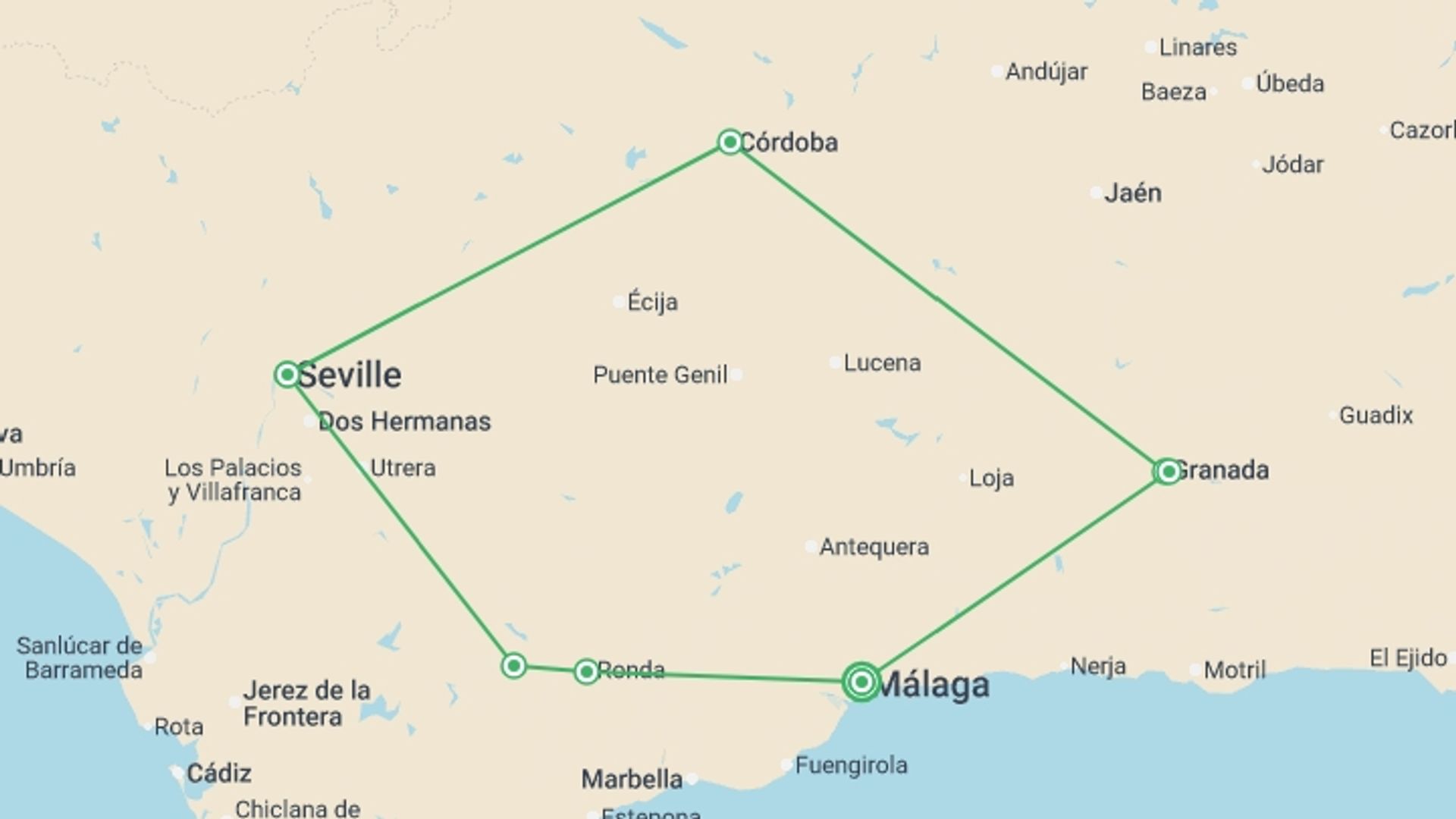 A map showing the tour itinerary for the trip: Moorish Andalucia, starting in Malaga, Spain and ending in Malaga, Spain going through 6 other destinations.