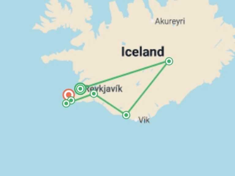 Map of 8-Day Iceland Tour with 7 destination visits for the trip: Iceland Solar Eclipse & Hidden Gems - 8 days
