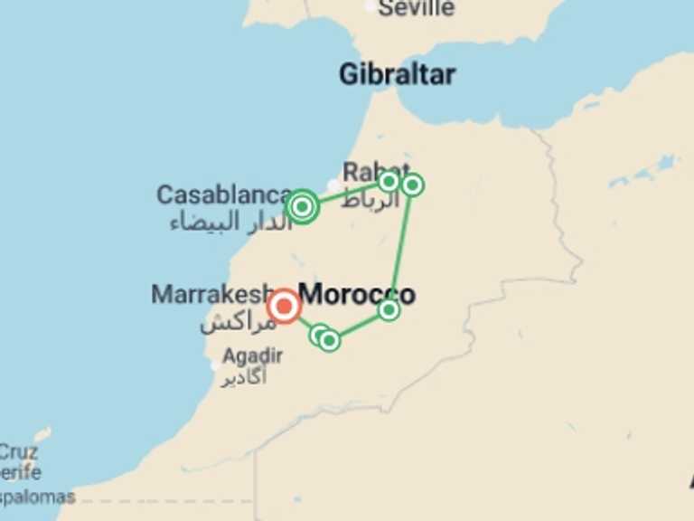 Map of 8-Day Marrakech Tour with 5 destination visits for the trip: Essential Morocco - 8 days