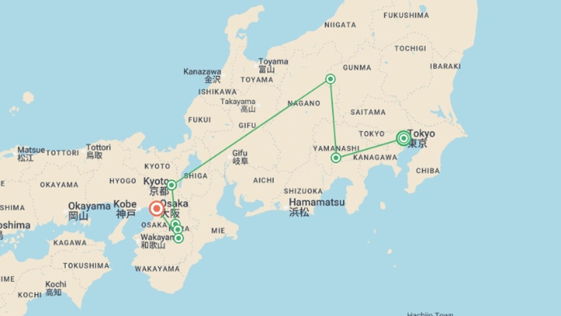 A map showing the tour itinerary for the trip: Backroads of Japan, starting in Tokyo, Japan and ending in Osaka, Japan going through 6 other destinations.