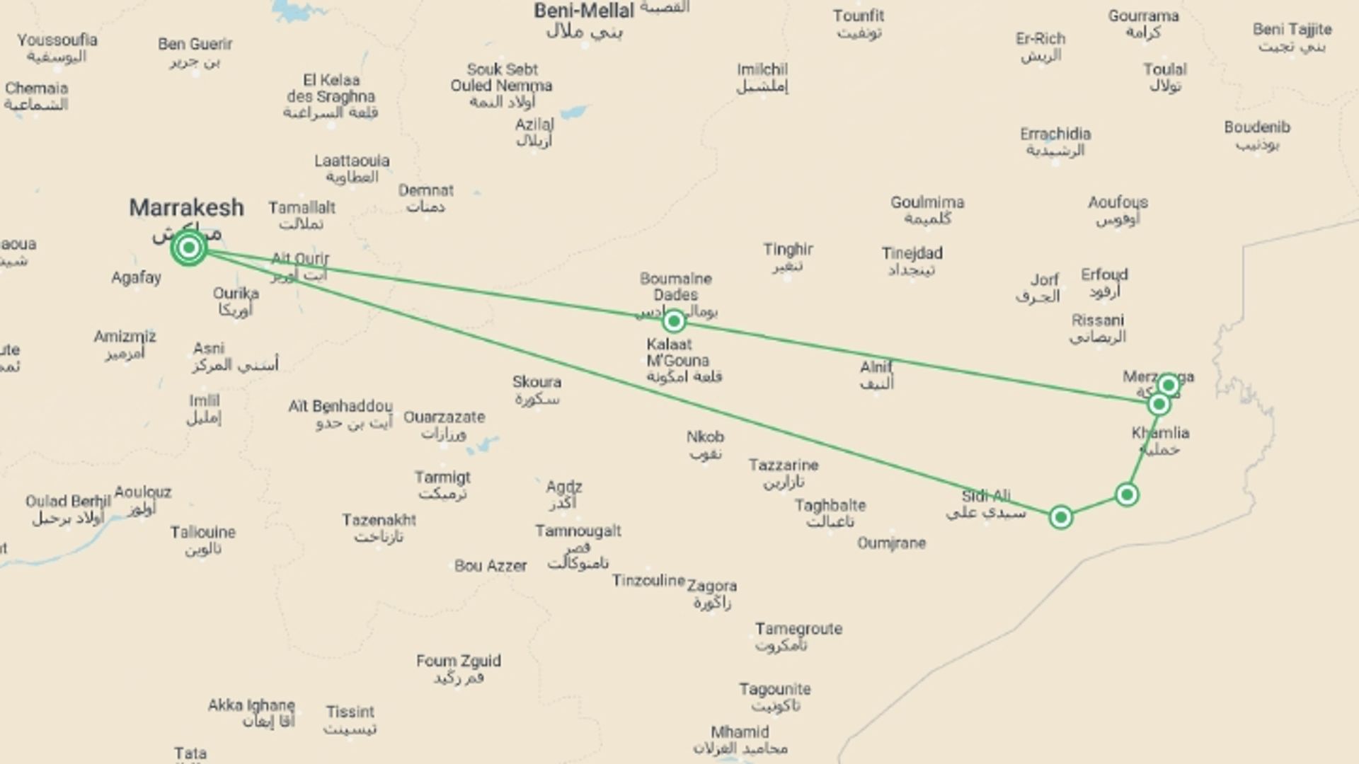 A map showing the tour itinerary for the trip: Trekking in the Moroccan Sahara, starting in Marrakech, Morocco and ending in Marrakech, Morocco going through 9 other destinations.