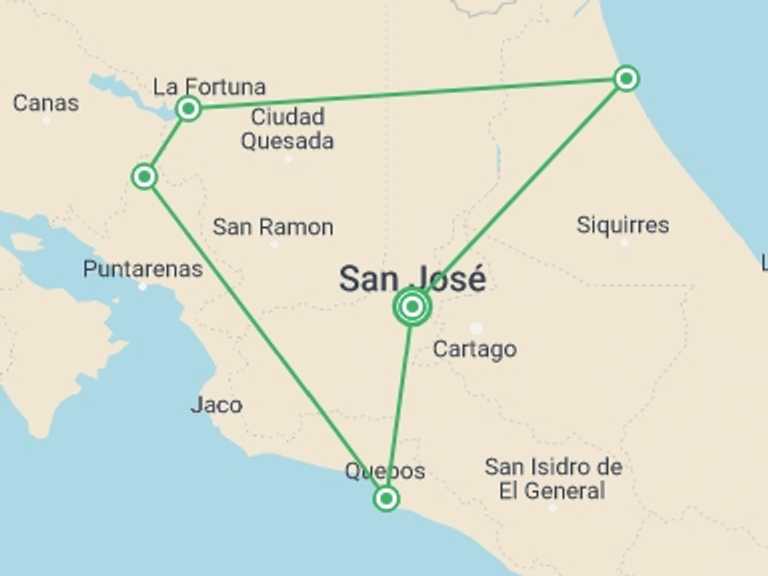 Map itinerary of San Jose Tour in November 2026 with 5 destination visits for the trip: Amazing Costa Rica