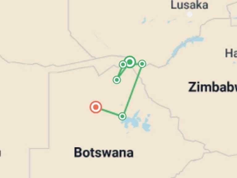 Map of Kasane Tour with 6 destination visits for the trip: Premium Botswana
