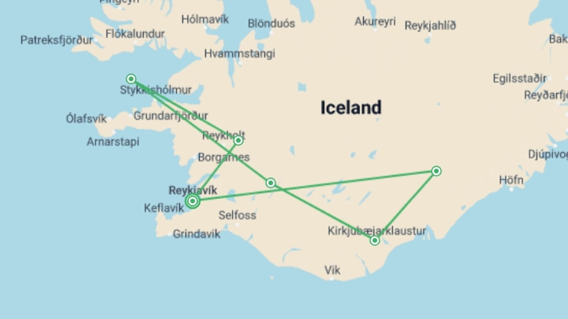A map showing the tour itinerary for the trip: Northern Lights Exploration - 8 days, starting in Reykjavik, Iceland and ending in Reykjavik, Iceland going through 5 other destinations.