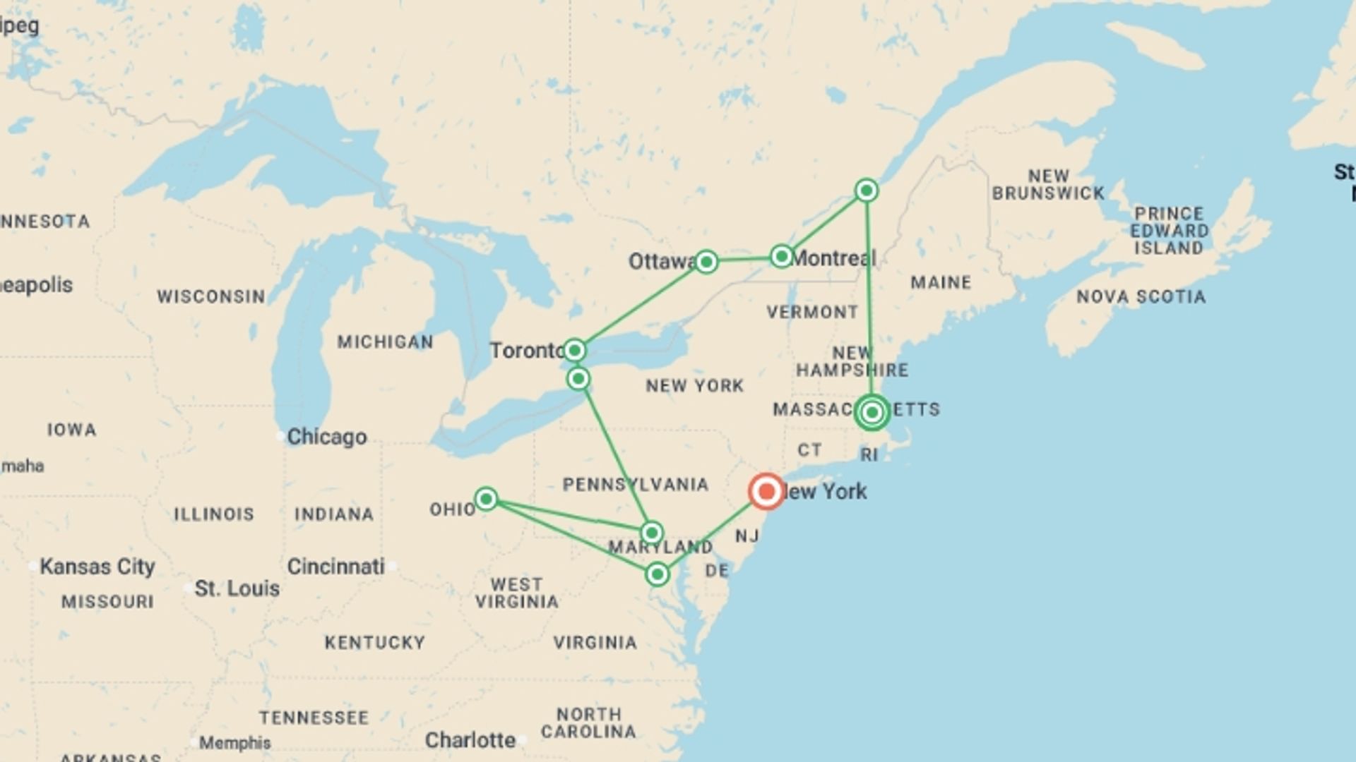 A map showing the tour itinerary for the trip: Patriot Trails, starting in Boston, USA and ending in New York, USA going through 7 other destinations.
