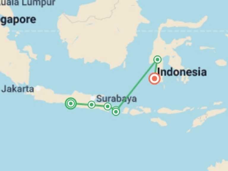 Map itinerary of South East Asia Tour in July 2026 with 7 destination visits for the trip: Discovery Of Indonesia, French-speaking Guide