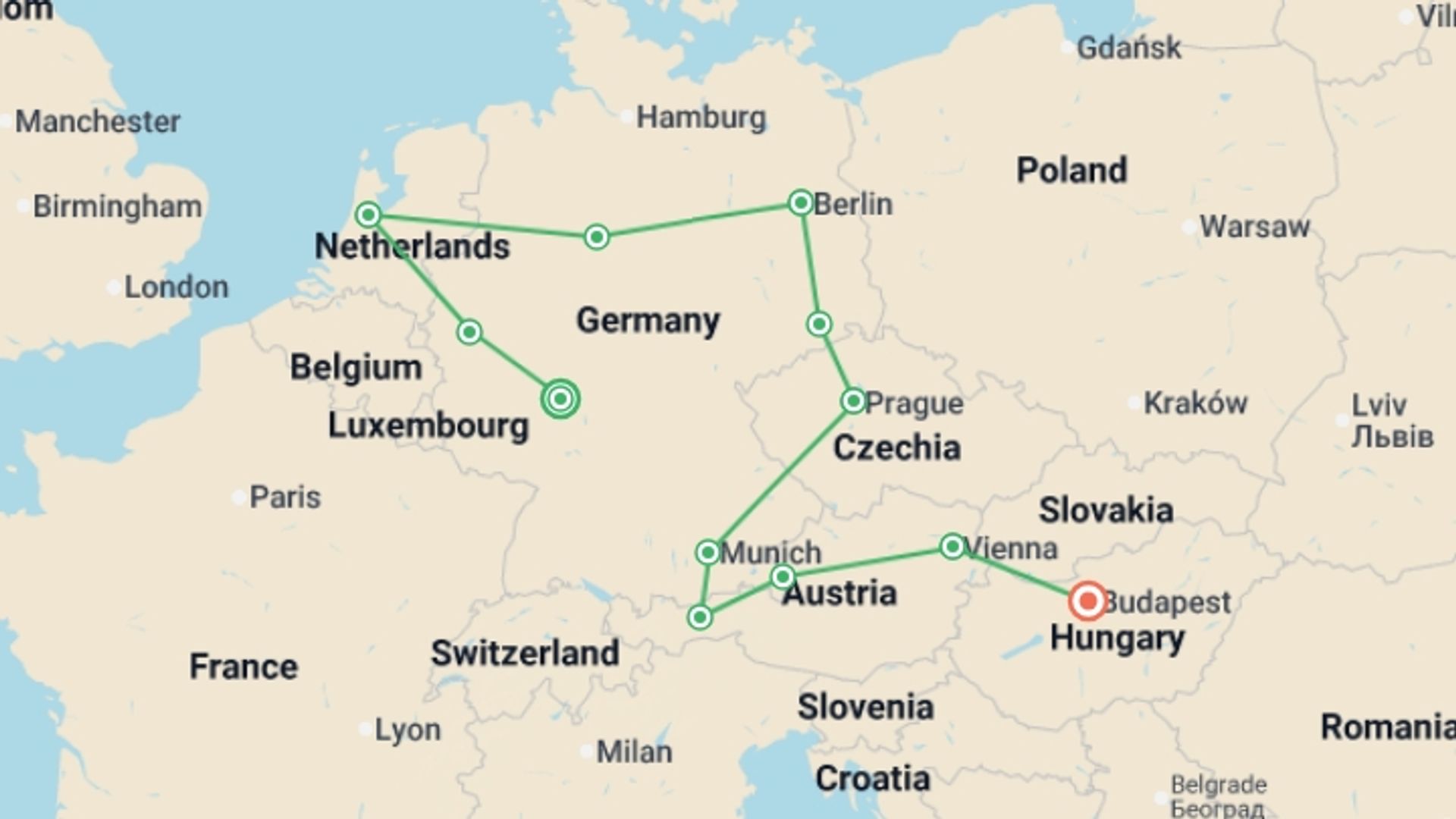 A map showing the tour itinerary for the trip: From Frankfurt to Budapest, starting in Frankfurt, Germany and ending in Budapest, Hungary going through 6 other destinations.