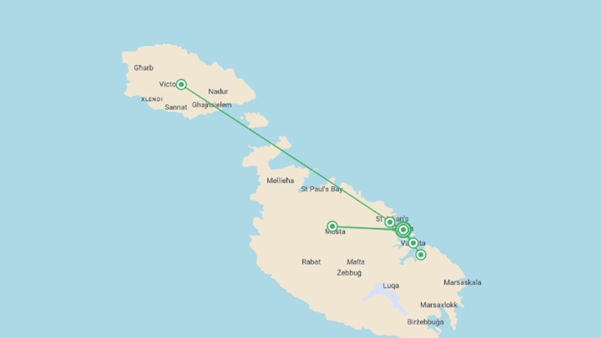 A map showing the tour itinerary for the trip: Explore Malta 7 Days, Self-drive, starting in Sliema, Malta and ending in Sliema, Malta going through 1 other destinations.