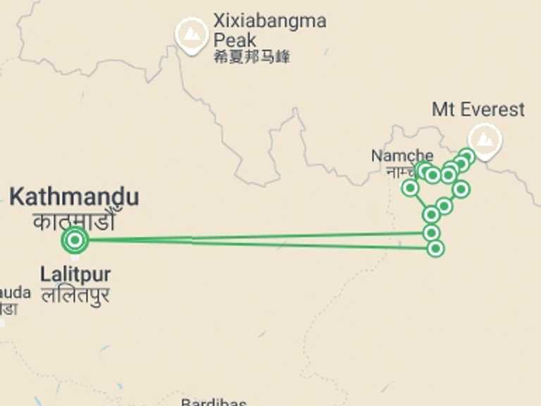 Map itinerary of Nepal Tour in Winter with 15 destination visits for the trip: Everest Base Camp - 3 Passes Adventure Trek