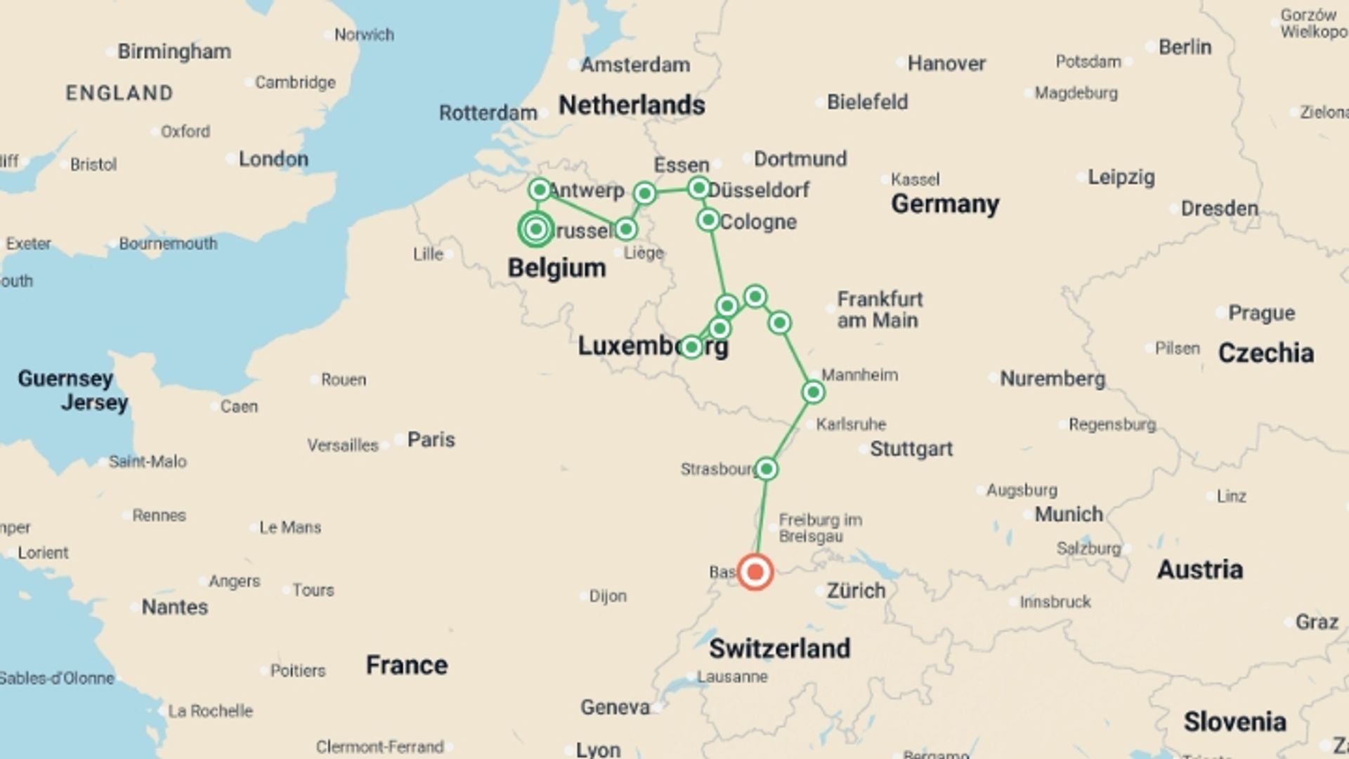 A map showing the tour itinerary for the trip: Rhine, Moselle & Belgium Grand Discovery (2026), starting in Brussels, Belgium and ending in Basel, Switzerland going through 12 other destinations.