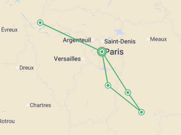 Map of Europe Tour with 4 destination visits for the trip: Little Gems of the Seine: Between Bucolic Stopovers and Royal Shores The Majestic Seine Aboard a Paddle-Wheel Boat (port-to-port cruise)