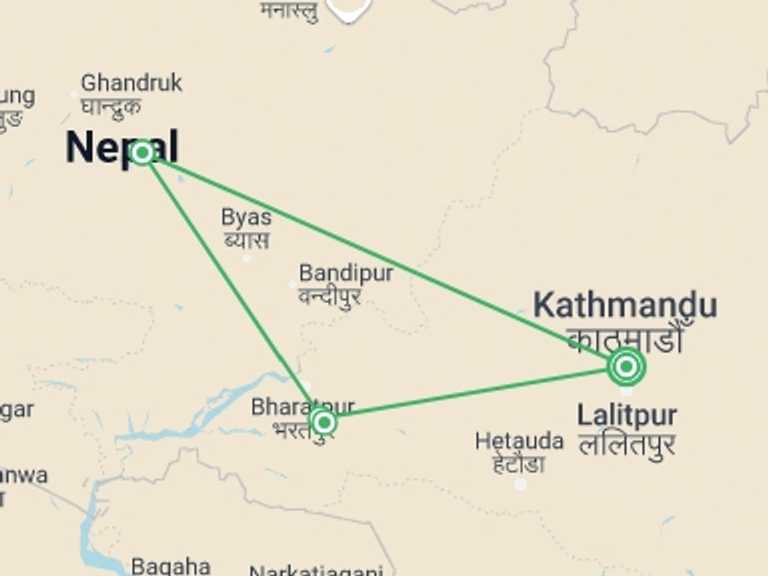 Map itinerary of Nepal Tour in Winter with 4 destination visits for the trip: Classic Nepal Experience