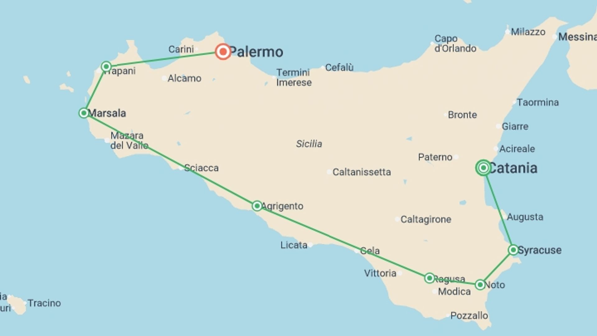A map showing the tour itinerary for the trip: Italy: Highlights of Sicily, starting in Catania, Italy and ending in Palermo, Italy going through 3 other destinations.