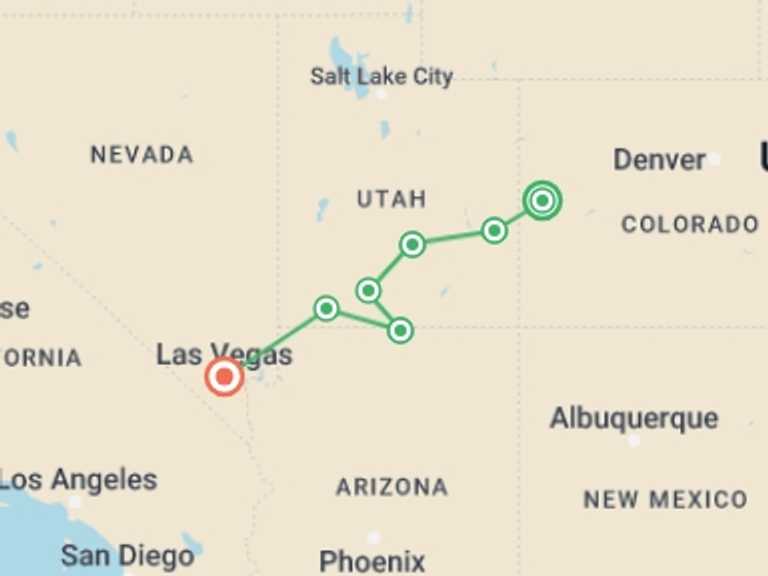 Map itinerary of USA Tour in September 2027 with 7 destination visits for the trip: Utah's Mighty Five National Parks