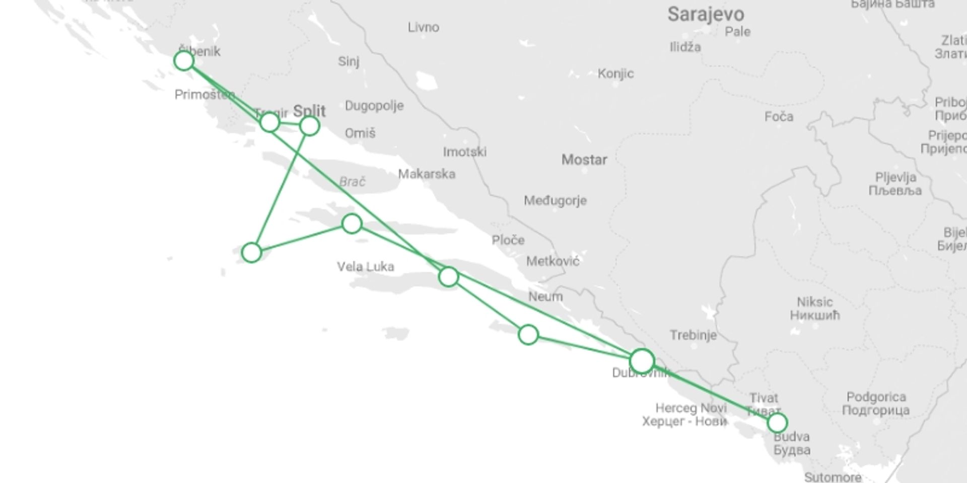 A map showing the tour itinerary for the trip: Hiking Cruise in Croatia and Montenegro (port-to-port cruise), starting in Dubrovnik, Croatia and ending in Dubrovnik, Croatia going through 5 other destinations.