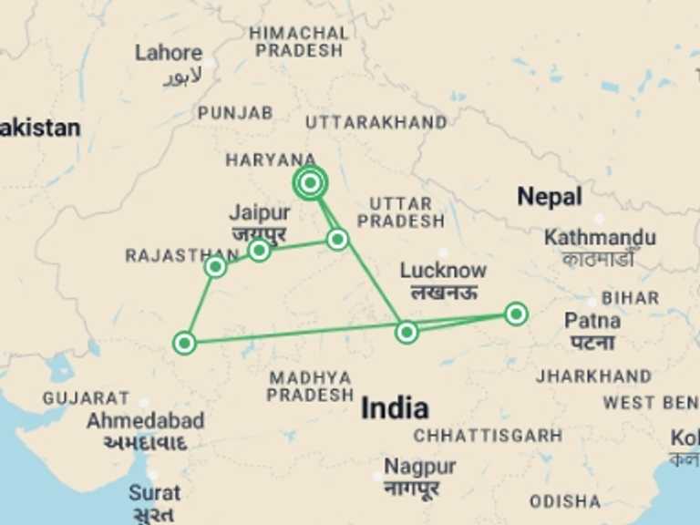 Map of 14-Day New Delhi Tour with 7 destination visits for the trip: Fascinating India
