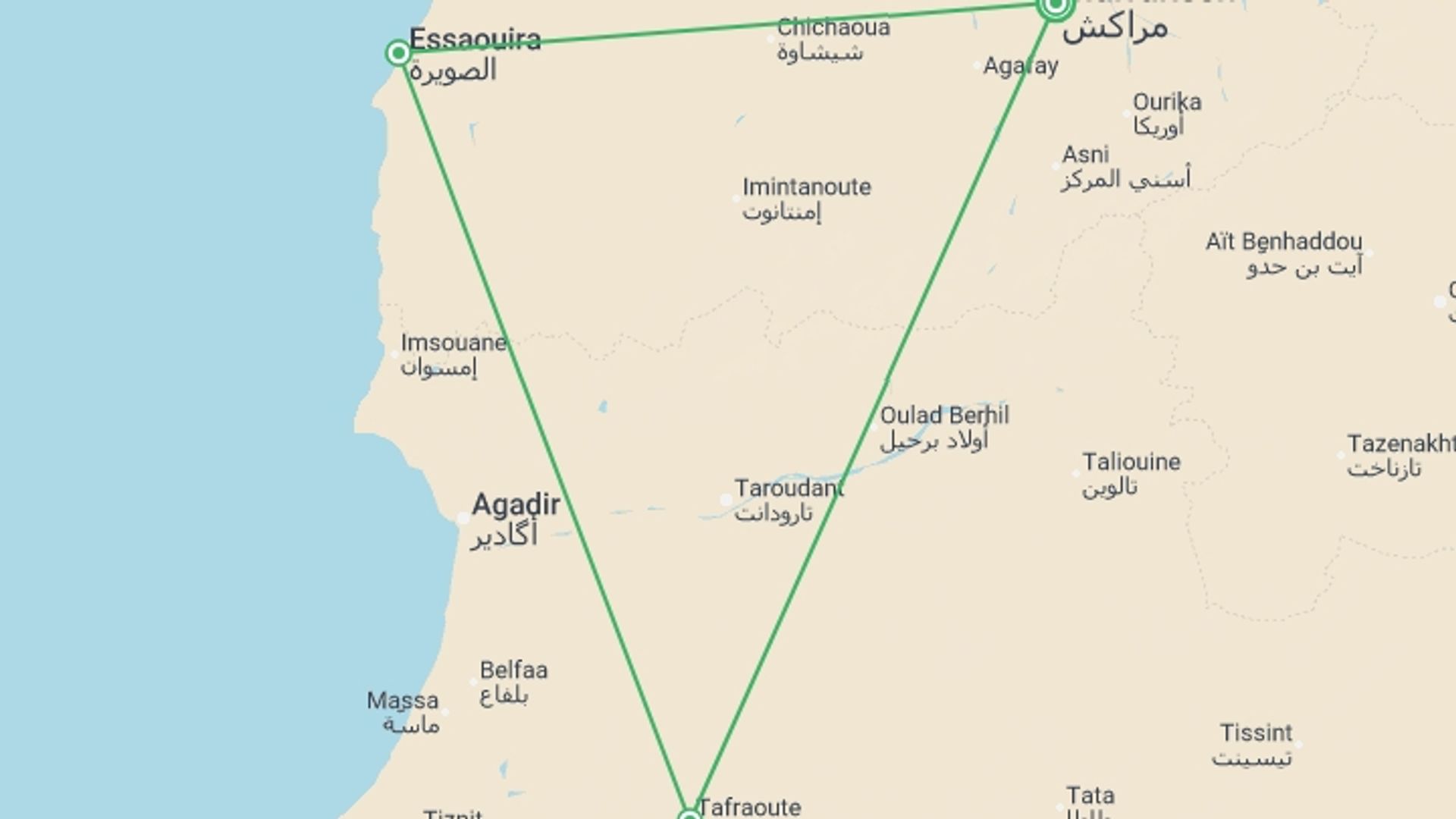 A map showing the tour itinerary for the trip: Marrakech, Agafay & Coast - 5 days, starting in Marrakech, Morocco and ending in Marrakech, Morocco going through 2 other destinations.