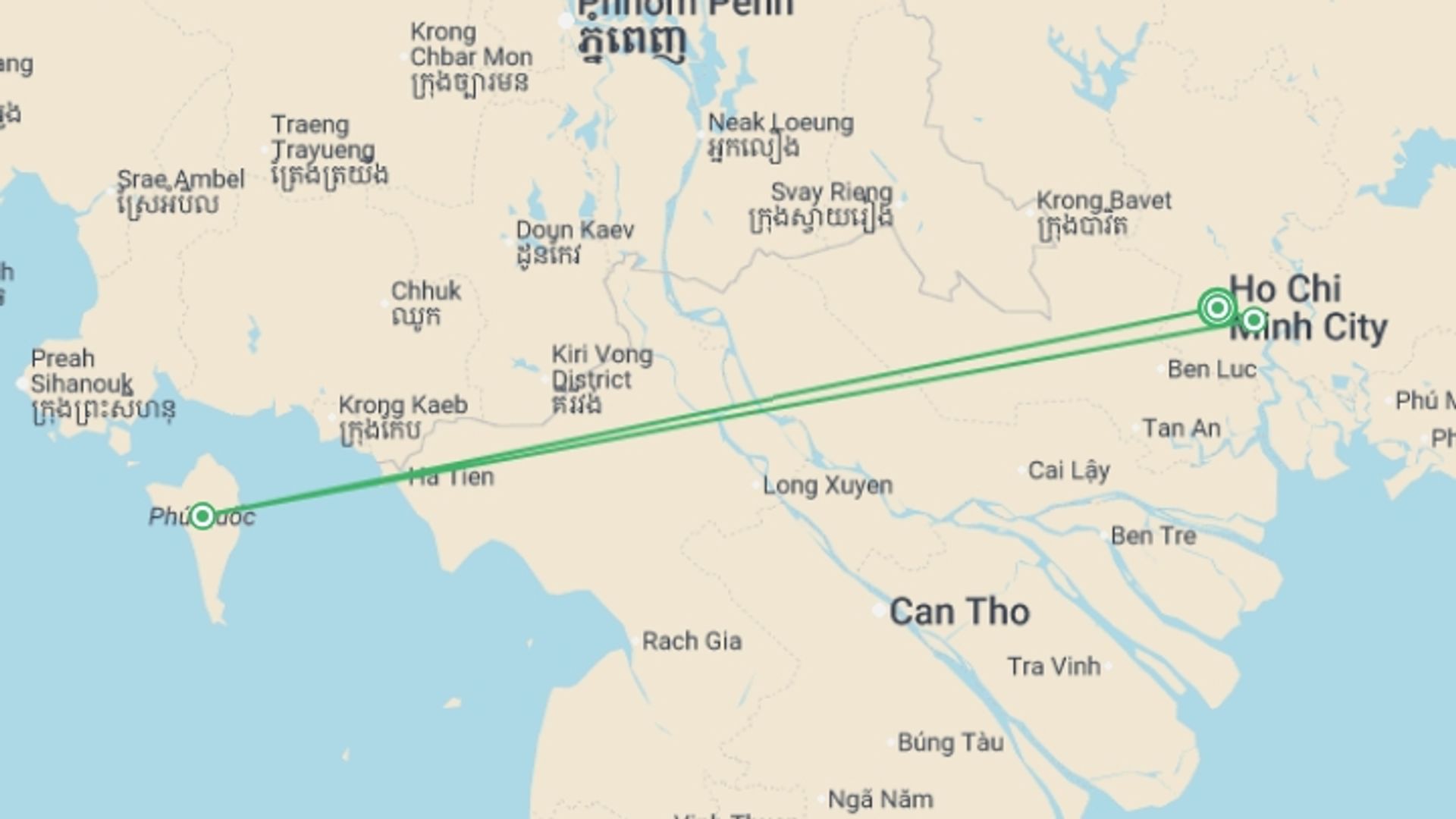 A map showing the tour itinerary for the trip: Saigon & Phu Quoc Paradise - 8 days, starting in Ho Chi Minh City, Vietnam and ending in Ho Chi Minh City, Vietnam going through 2 other destinations.