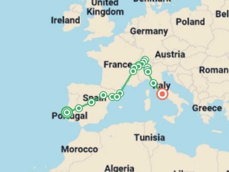 Map of Europe Tour with 9 destination visits for the trip: Lisbon to Rome