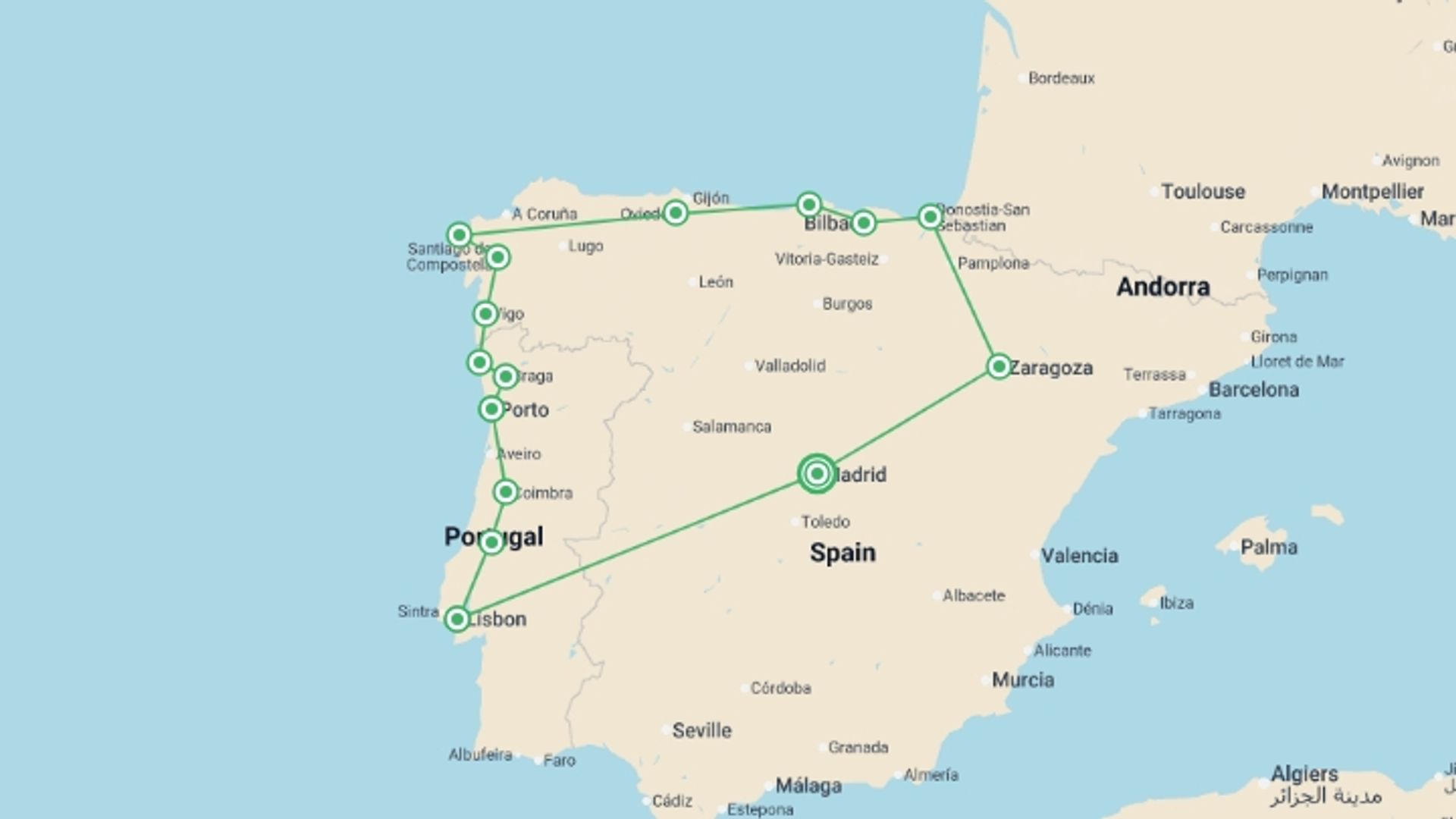 A map showing the tour itinerary for the trip: Madrid to Northern Spain & Lisbon - 12 days, starting in Madrid, Spain and ending in Madrid, Spain going through 9 other destinations.