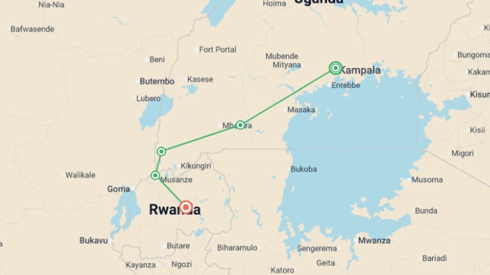 A map showing the tour itinerary for the trip: Uganda and Rwanda Gorilla Discovery, starting in Kampala, Uganda and ending in Kigali, Rwanda going through 3 other destinations.