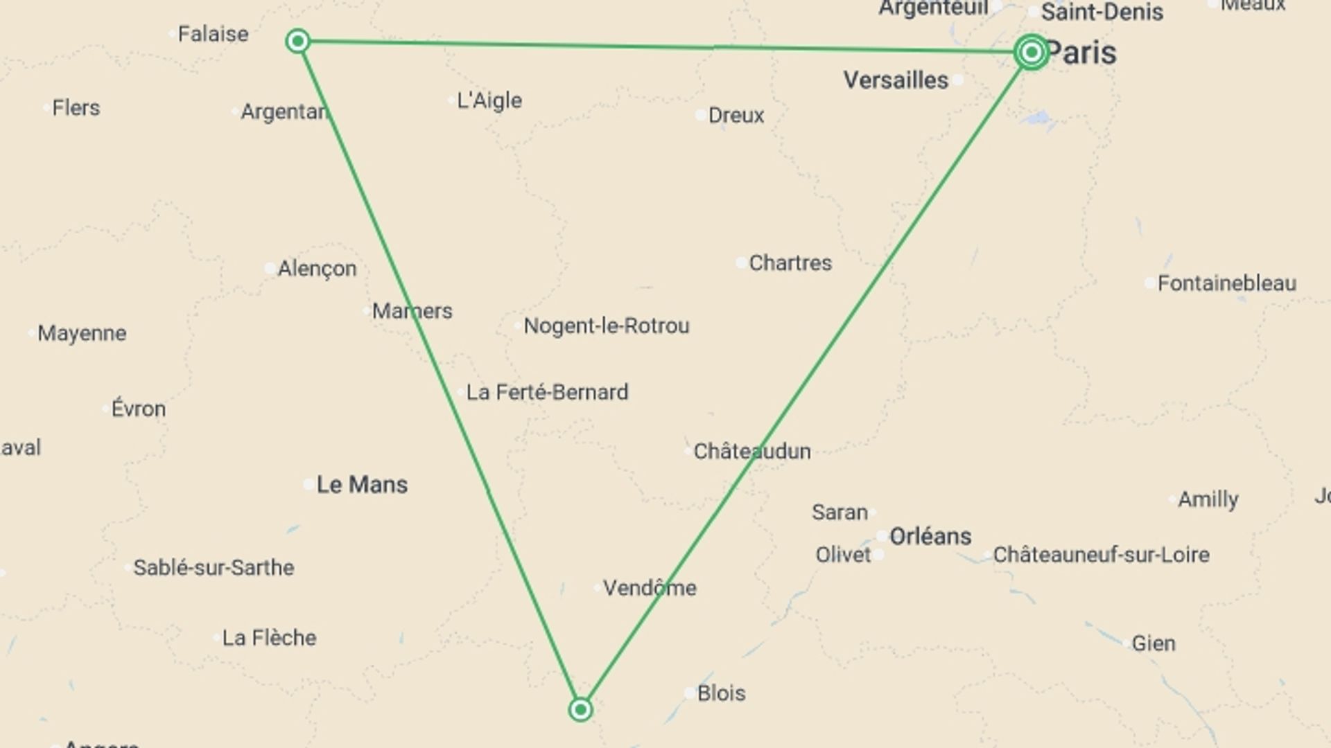 A map showing the tour itinerary for the trip: Treasures of France Including Normandy, starting in Paris, France and ending in Paris, France going through 2 other destinations.